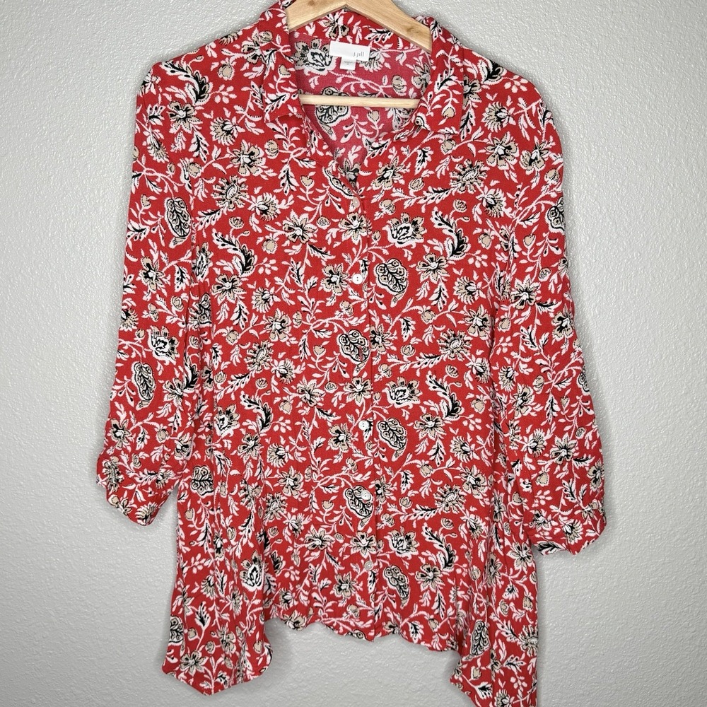 J.Jill Red Floral Print Blouse M Boho Cottagecore Cabincore Softcore Artsy‎ Top